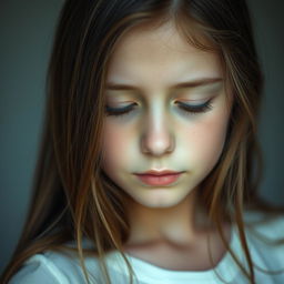 A serene portrait of a teenage girl with long brown hair cascading over her shoulders, her eyes gently closed as if in deep thought or contemplation
