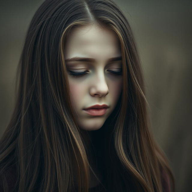 A serene portrait of a teenage girl with long brown hair cascading over her shoulders, her eyes gently closed as if in deep thought or contemplation