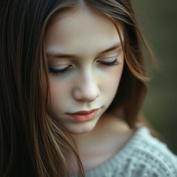 A serene portrait of a teenage girl with long brown hair cascading over her shoulders, her eyes gently closed as if in deep thought or contemplation