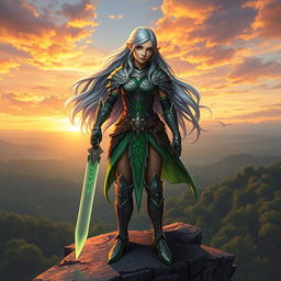 A fantasy warrior character standing on a rocky cliff overlooking a vast enchanted forest