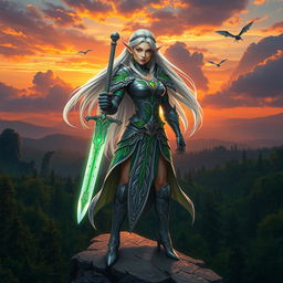 A fantasy warrior character standing on a rocky cliff overlooking a vast enchanted forest