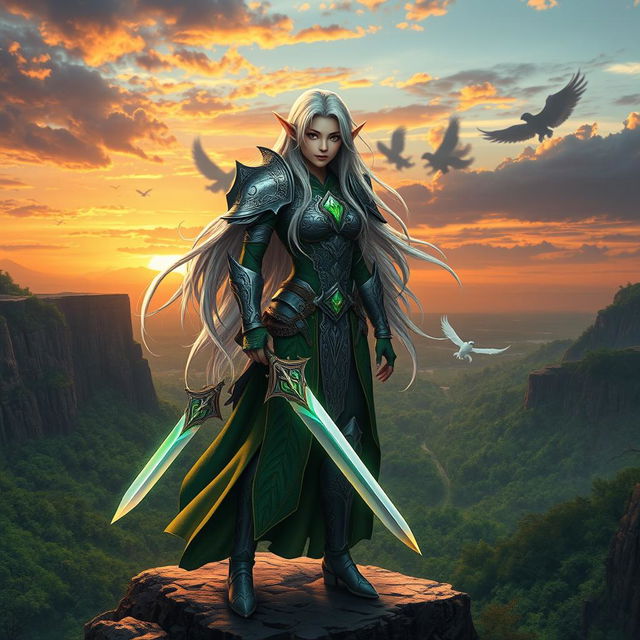 A fantasy warrior character standing on a rocky cliff overlooking a vast enchanted forest