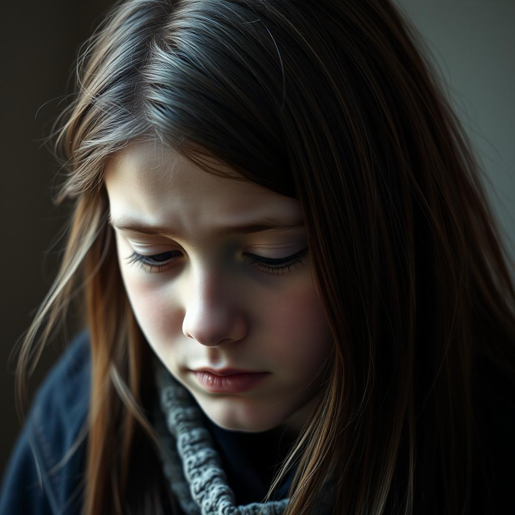 A detailed portrait of a teenage girl with long brown hair, her expression reflecting a sense of sadness and introspection