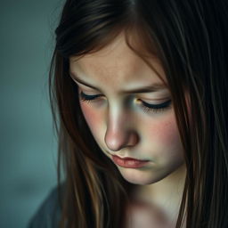 A detailed portrait of a teenage girl with long brown hair, her expression reflecting a sense of sadness and introspection