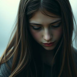 A detailed portrait of a teenage girl with long brown hair, her expression reflecting a sense of sadness and introspection