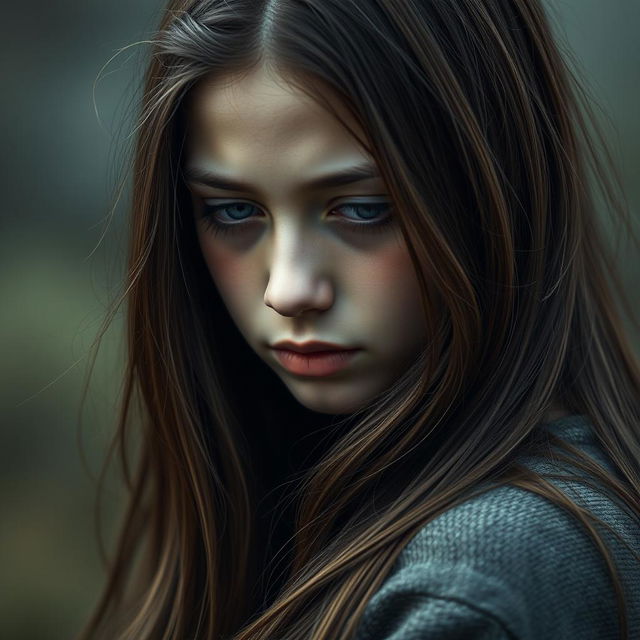 A detailed portrait of a teenage girl with long brown hair, her expression reflecting a sense of sadness and introspection