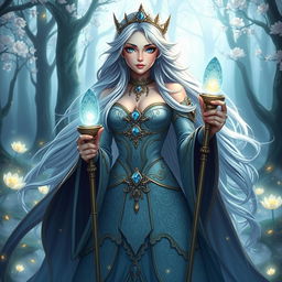 A beautiful fantasy character with long flowing silver hair and bright blue eyes, wearing an elegant, intricately detailed royal gown adorned with jewels