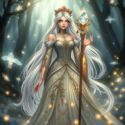 A beautiful fantasy character with long flowing silver hair and bright blue eyes, wearing an elegant, intricately detailed royal gown adorned with jewels
