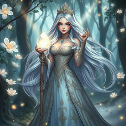 A beautiful fantasy character with long flowing silver hair and bright blue eyes, wearing an elegant, intricately detailed royal gown adorned with jewels