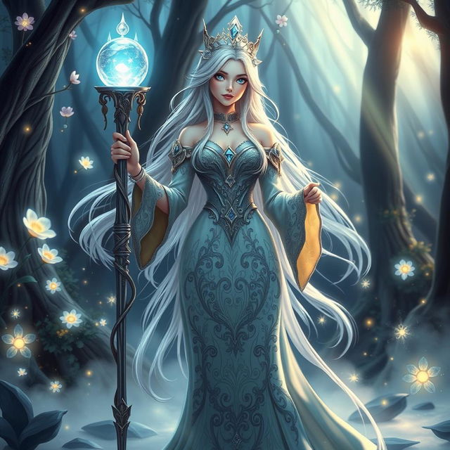 A beautiful fantasy character with long flowing silver hair and bright blue eyes, wearing an elegant, intricately detailed royal gown adorned with jewels