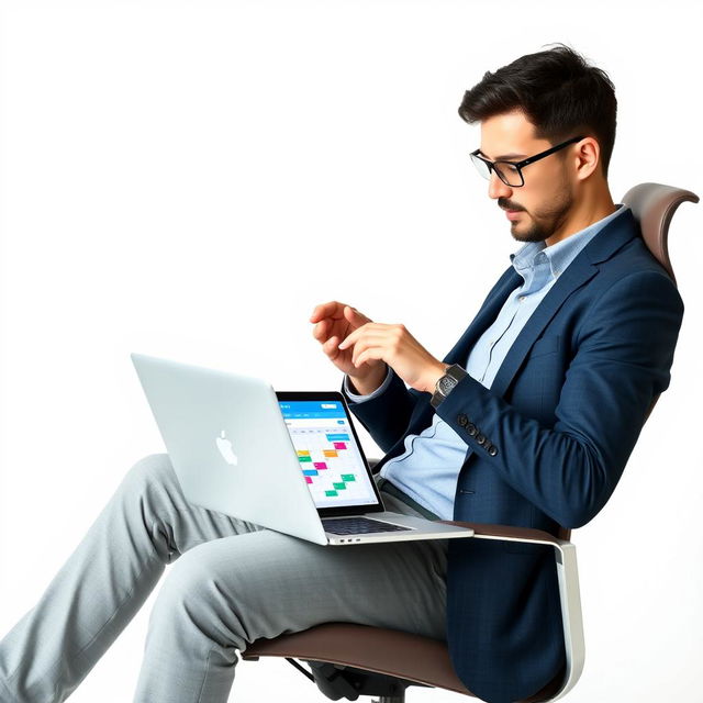 A focused male employee sitting on a modern office chair, busily creating a schedule for his company