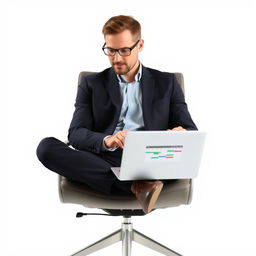 A focused male employee sitting on a modern office chair, busily creating a schedule for his company