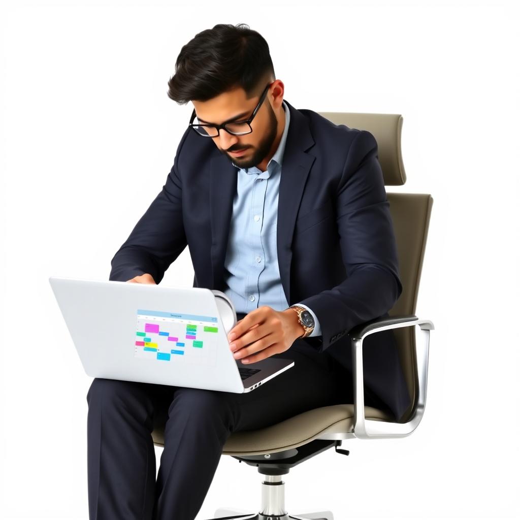 A focused male employee sitting on a modern office chair, busily creating a schedule for his company