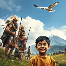 A mythical scene illustrating the legend of the potato, featuring strong and brave Karis men in traditional attire, showcasing their warrior spirit