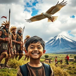 A mythical scene illustrating the legend of the potato, featuring strong and brave Karis men in traditional attire, showcasing their warrior spirit