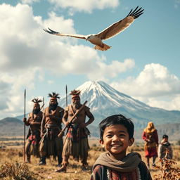 A mythical scene illustrating the legend of the potato, featuring strong and brave Karis men in traditional attire, showcasing their warrior spirit