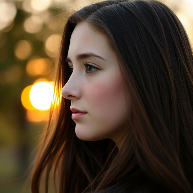 A portrait of a young woman with fair skin and long brown hair, captured in profile as she faces to the side