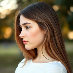 A portrait of a young woman with fair skin and long brown hair, captured in profile as she faces to the side