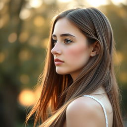 A portrait of a young woman with fair skin and long brown hair, captured in profile as she faces to the side