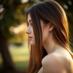 A portrait of a young woman with fair skin and long brown hair, captured in profile as she faces to the side