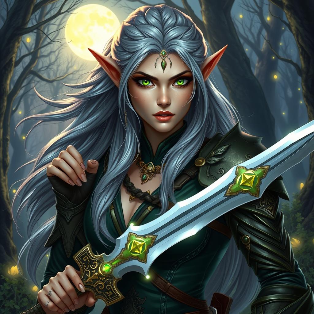 A fantasy character named Aria, who is a fierce elven warrior