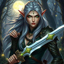 A fantasy character named Aria, who is a fierce elven warrior