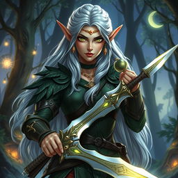 A fantasy character named Aria, who is a fierce elven warrior