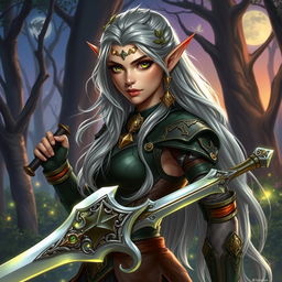 A fantasy character named Aria, who is a fierce elven warrior