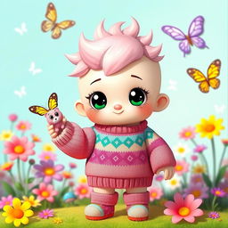 A cute character designed in a whimsical style, featuring a small, round face with big sparkling eyes and a tiny nose