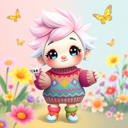 A cute character designed in a whimsical style, featuring a small, round face with big sparkling eyes and a tiny nose