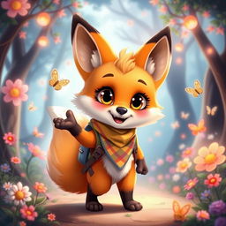 A cute anthropomorphic fox character, with large expressive eyes, fluffy fur, and a playful smile