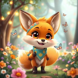 A cute anthropomorphic fox character, with large expressive eyes, fluffy fur, and a playful smile