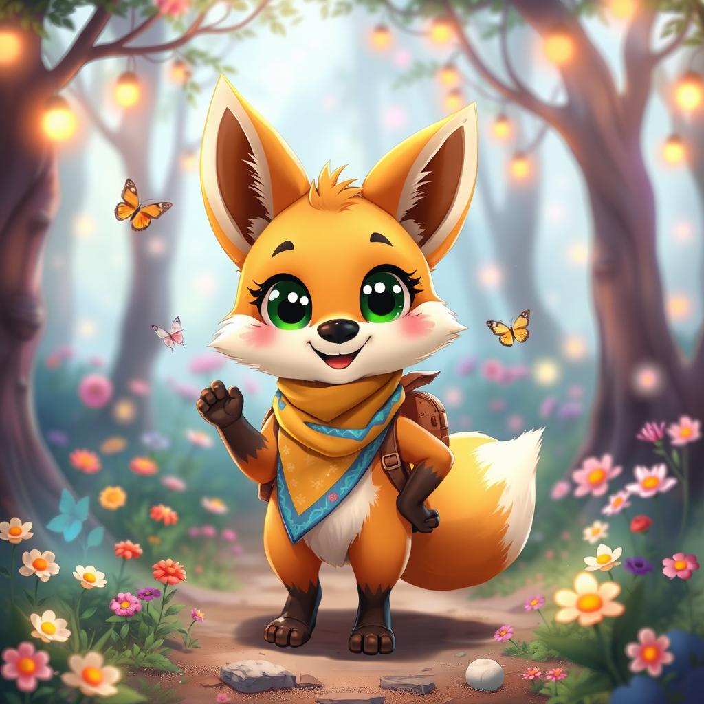 A cute anthropomorphic fox character, with large expressive eyes, fluffy fur, and a playful smile