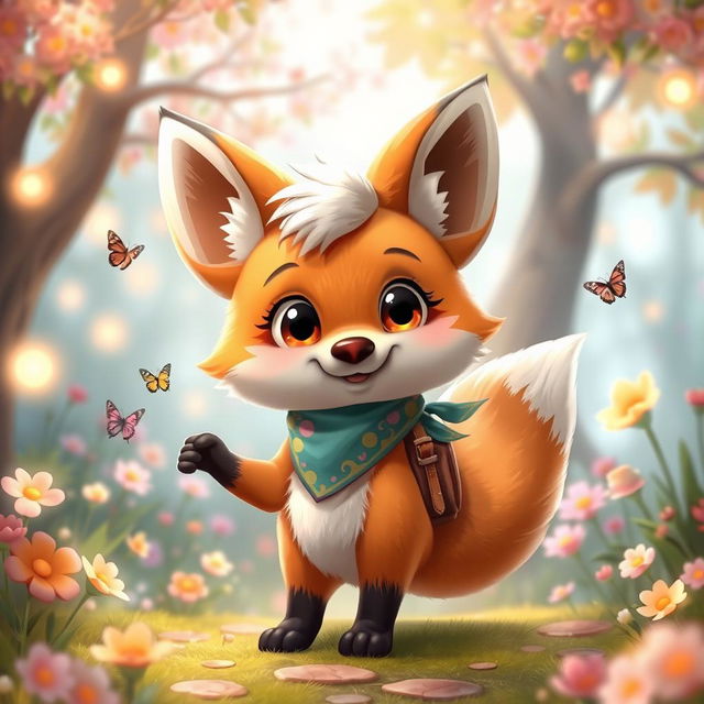 A cute anthropomorphic fox character, with large expressive eyes, fluffy fur, and a playful smile