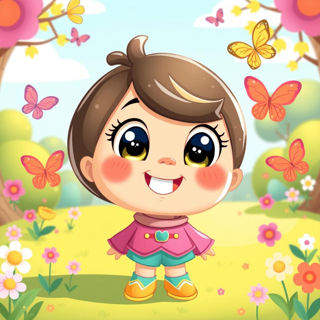 a cute, cartoonish character with big sparkling eyes and a cheerful smile, wearing a colorful outfit, surrounded by whimsical elements like butterflies and flowers in a bright sunny park, radiating positivity and joy, perfect for children's illustrations