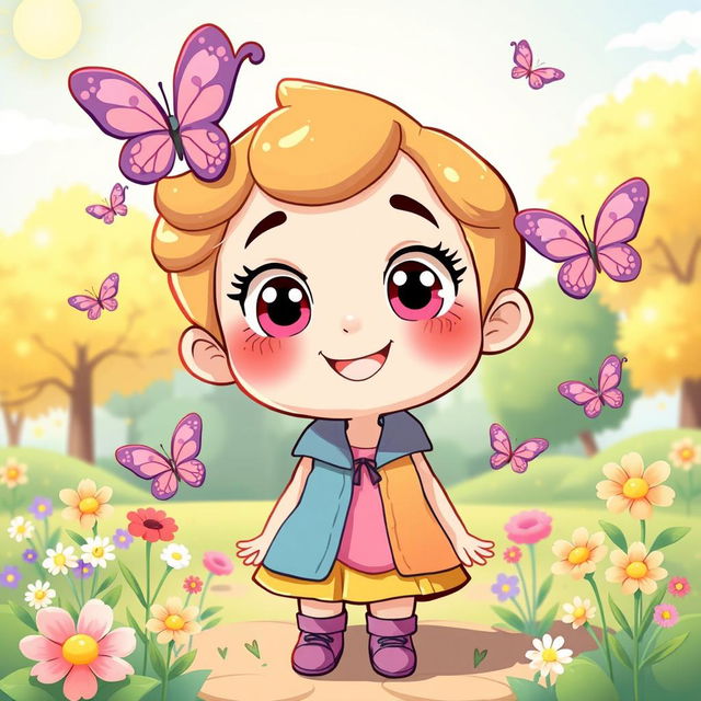 a cute, cartoonish character with big sparkling eyes and a cheerful smile, wearing a colorful outfit, surrounded by whimsical elements like butterflies and flowers in a bright sunny park, radiating positivity and joy, perfect for children's illustrations