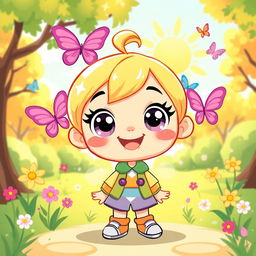 a cute, cartoonish character with big sparkling eyes and a cheerful smile, wearing a colorful outfit, surrounded by whimsical elements like butterflies and flowers in a bright sunny park, radiating positivity and joy, perfect for children's illustrations
