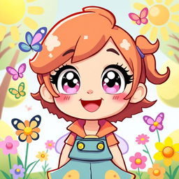 a cute, cartoonish character with big sparkling eyes and a cheerful smile, wearing a colorful outfit, surrounded by whimsical elements like butterflies and flowers in a bright sunny park, radiating positivity and joy, perfect for children's illustrations