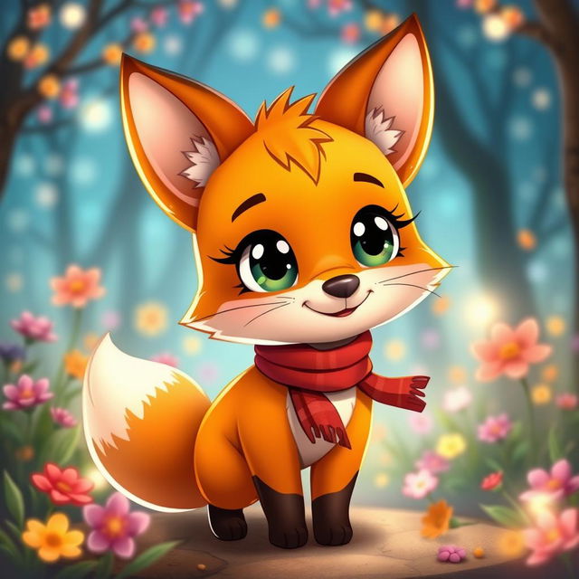 A cute character resembling a playful cartoon fox with big sparkling eyes and a fluffy tail