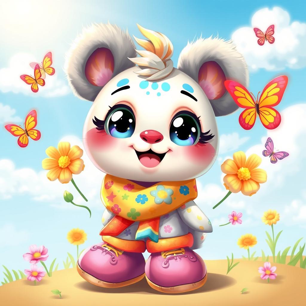 A cute character design featuring a whimsical creature with large sparkling eyes, fluffy ears, and a small round body