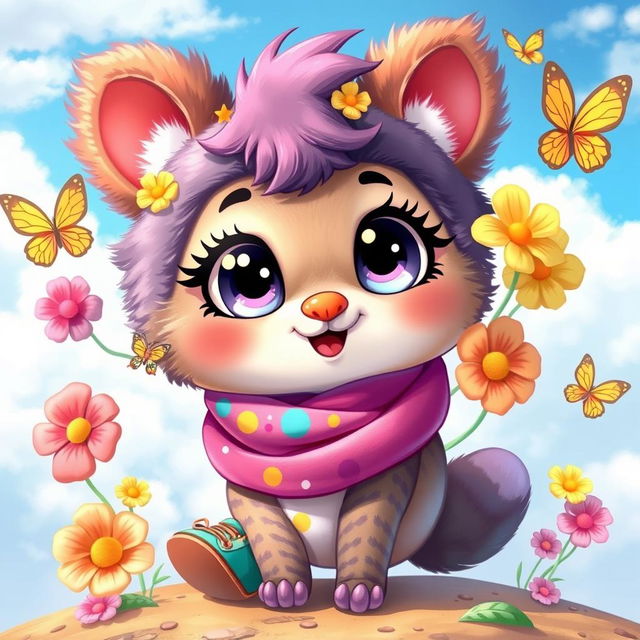 A cute character design featuring a whimsical creature with large sparkling eyes, fluffy ears, and a small round body