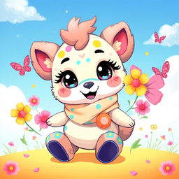 A cute character design featuring a whimsical creature with large sparkling eyes, fluffy ears, and a small round body