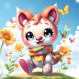 A cute character design featuring a whimsical creature with large sparkling eyes, fluffy ears, and a small round body