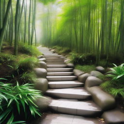 A hyper-realistic, high-quality photograph featuring a series of separate, bright white stone tile steps, descending down a mountain trail surrounded by a dense, green bamboo forest