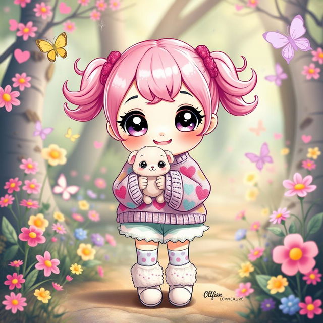 A cute, whimsical character with big sparkling eyes, bright pink hair styled into playful pigtails, and a cheerful smile