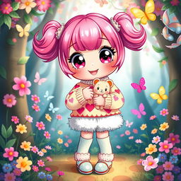 A cute, whimsical character with big sparkling eyes, bright pink hair styled into playful pigtails, and a cheerful smile