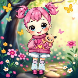 A cute, whimsical character with big sparkling eyes, bright pink hair styled into playful pigtails, and a cheerful smile