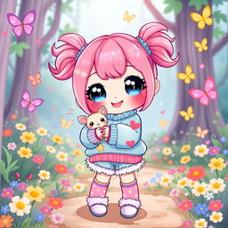A cute, whimsical character with big sparkling eyes, bright pink hair styled into playful pigtails, and a cheerful smile