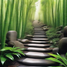 A hyper-realistic, high-quality photograph featuring a series of separate, bright white stone tile steps, descending down a mountain trail surrounded by a dense, green bamboo forest