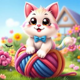 A cute character design featuring a round, chubby cat with oversized sparkling eyes, sitting playfully on a colorful, oversized yarn ball